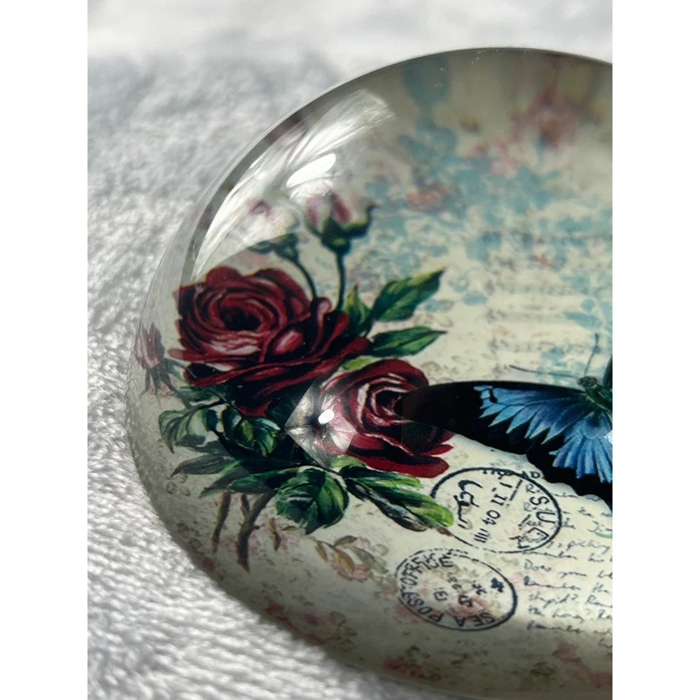 Blue Butterfly and Rose Paperweight — Decorative Home Office Accent